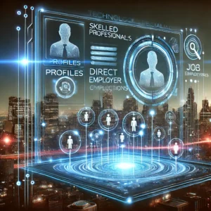 نمایش روند مدرن و تکنولوژیک کاریابی متخصصان در حوزه فناوری و برنامه‌نویسی، تاکید بر ارتباط هوشمندانه بین نیروی کار ماهر و کارفرمایان.