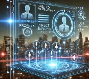 نمایش روند مدرن و تکنولوژیک کاریابی متخصصان در حوزه فناوری و برنامه‌نویسی، تاکید بر ارتباط هوشمندانه بین نیروی کار ماهر و کارفرمایان.