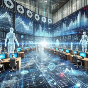 نمایش آینده‌ای که در آن معاملات مالی به‌صورت خودکار و مبتنی بر الگوریتم‌های هوش مصنوعی انجام می‌شوند.